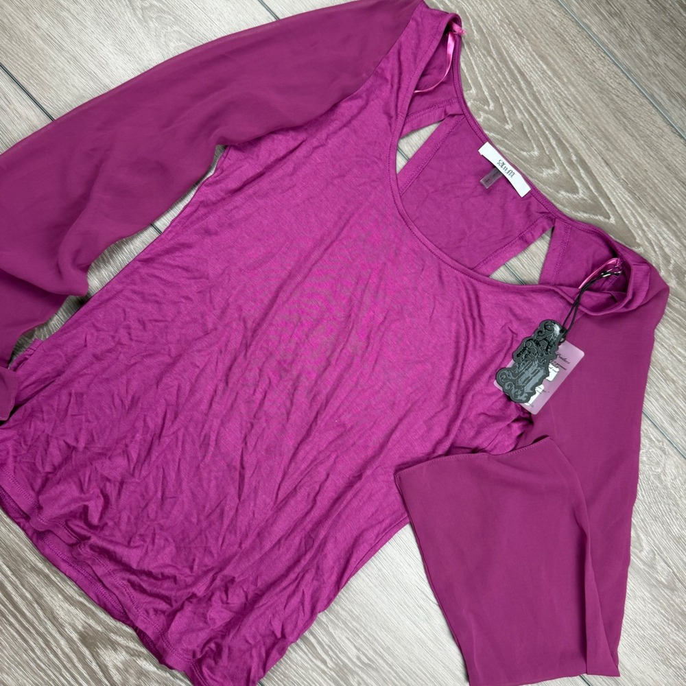 AnM Womens Top Sheer Long Sleeve Cut Out Back AW12-177 Purple L New